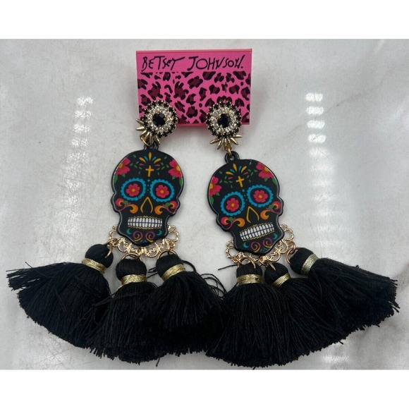 Betsey Johnson Earrings Womens Day of the Dead Skull Candy Black Tassel - Picture 1 of 5